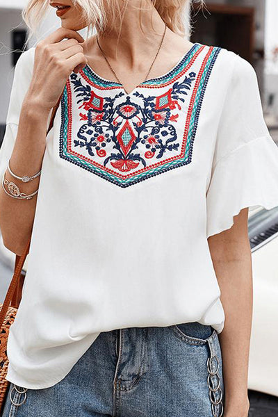 Retro Embroidered Print White Ruffle Short Sleeve Top