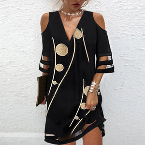 Sheer Cold Shoulder Golden Dot Mini Dress