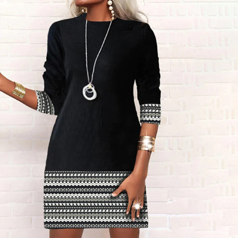 Black and White Aztec Print Trim Long Sleeve Mini Dress – Selection-us