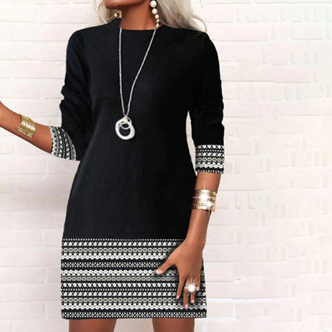 Black and White Aztec Print Trim Long Sleeve Mini Dress