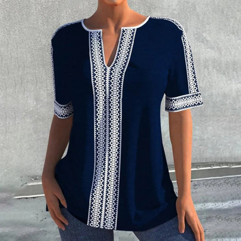 White Fancy Print Navy Blue Tunic Top