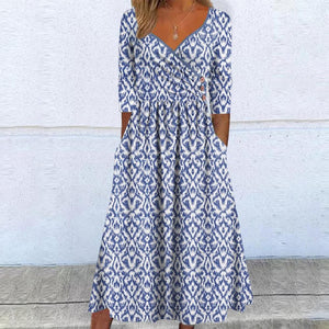 Blue Half Sleeve Print Midi Dress