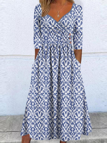 Blue Half Sleeve Print Midi Dress