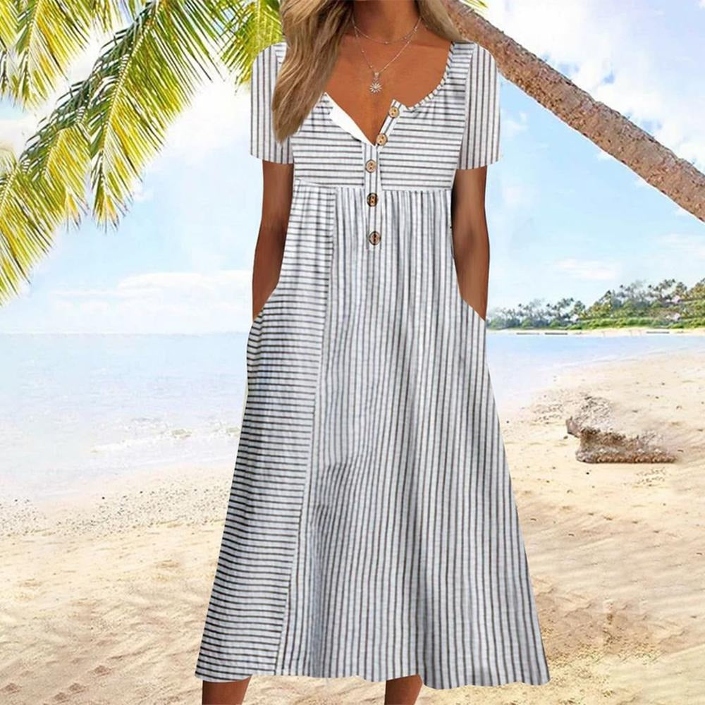 Notch Button Front Striped Midi Dress