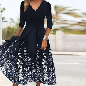 Navy 3/4 Sleeve V-Neck Midi Dress