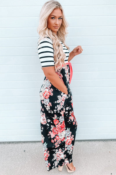 Floral Striped Color Block Lace-up High Waist Maxi Dress