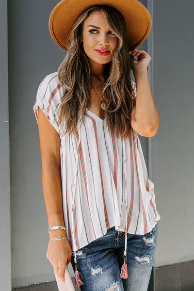 Striped Print Loose V Neck Short Sleeve Top