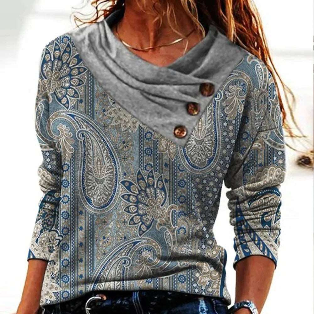 Blue Paisley Gray Fold-Over Collar Long Sleeve Top