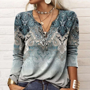 Blue-Gray Oceanic Luxe Print V-Neck Long Sleeve Top