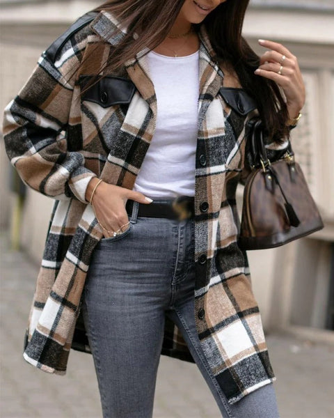 Stylish Check Print Coffee Outerwear