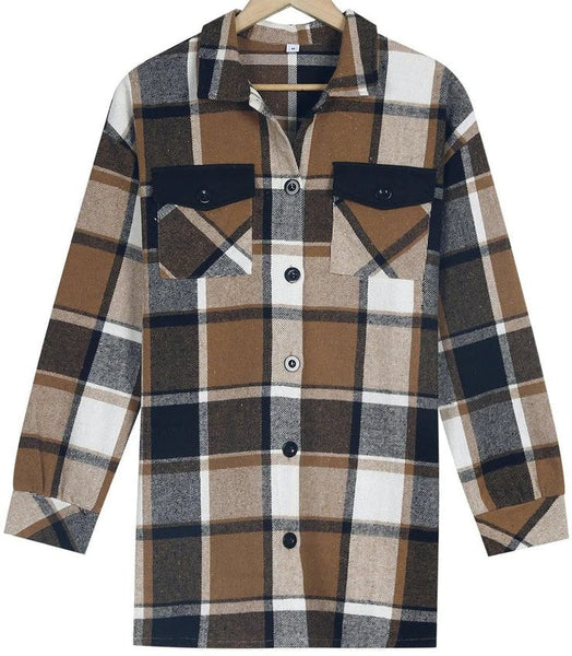 Stylish Check Print Coffee Outerwear