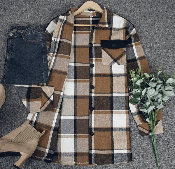 Stylish Check Print Coffee Outerwear