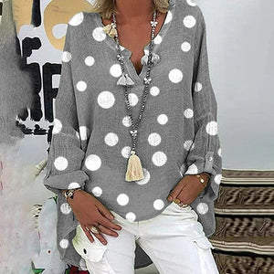 Modern White Polka Dot Relaxed Gray Blouse Tunic Top