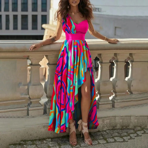 Paradise Print Magenta High-Low Midi Dress