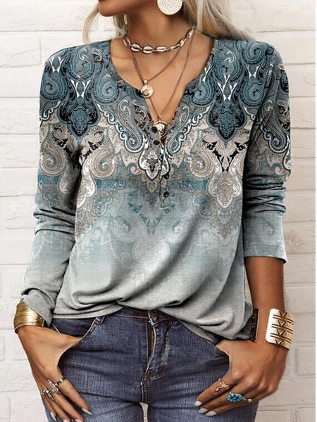 Blue-Gray Oceanic Luxe Print V-Neck Long Sleeve Top