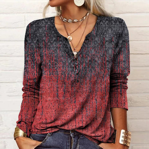 Red Rain Ombre Mandala Print Long Length Sleeve Top