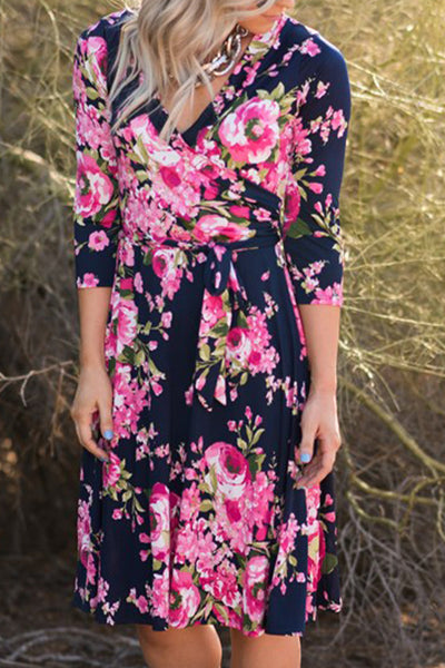 Wrap V Neck Floral Dress with Belt