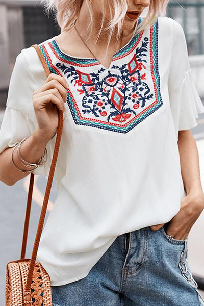 Retro Embroidered Print White Ruffle Short Sleeve Top