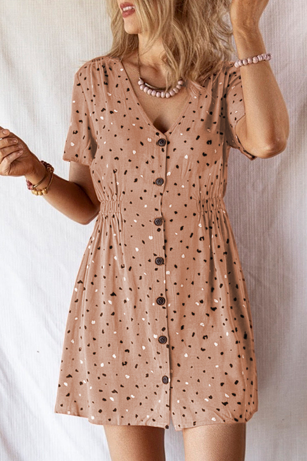 Printed V Neck Button High Waist Short Dress