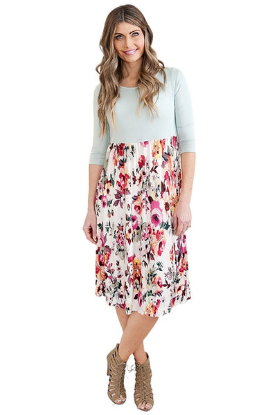 Grey Solid Bodice Floral Bottom Midi Dress