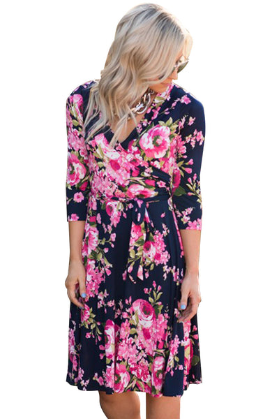 Wrap V Neck Floral Dress with Belt