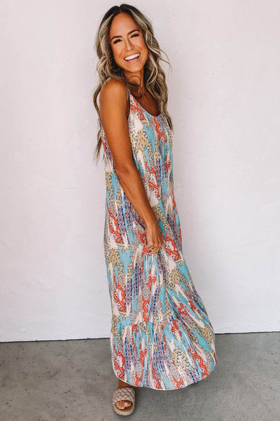 Western Pattern Print Spaghetti Strap Shift Maxi Dress