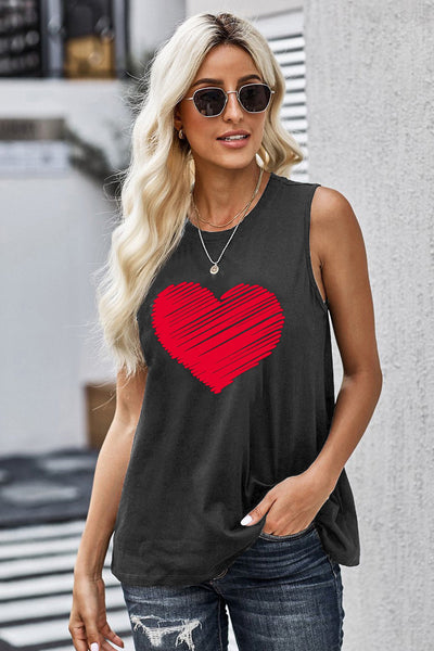 Valentine Heart Print Loose Crew Neck Tank Top