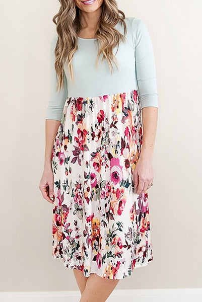 Grey Solid Bodice Floral Bottom Midi Dress