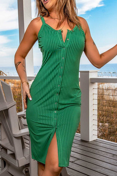 Buttoned Ribbed Sleeveless Bodycon Midi Dress