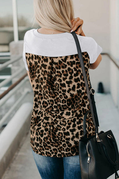 Wihte Leopard Printed Splicing T-Shirt