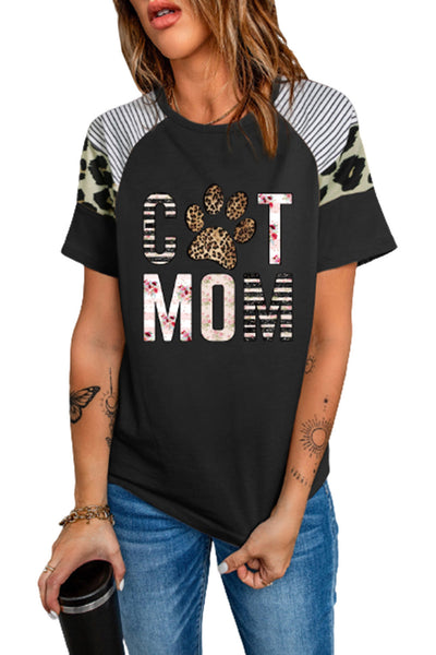 Striped Leopard Print Short Sleeve Women T-shirt