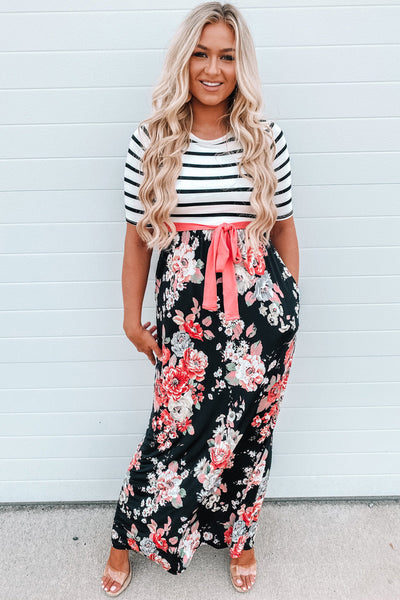 Floral Striped Color Block Lace-up High Waist Maxi Dress