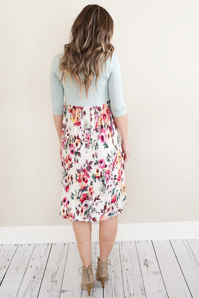 Grey Solid Bodice Floral Bottom Midi Dress