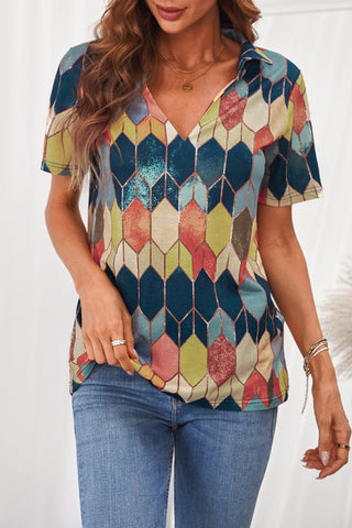 Geometric Color Bock V Neck Short Sleeve T Shirt