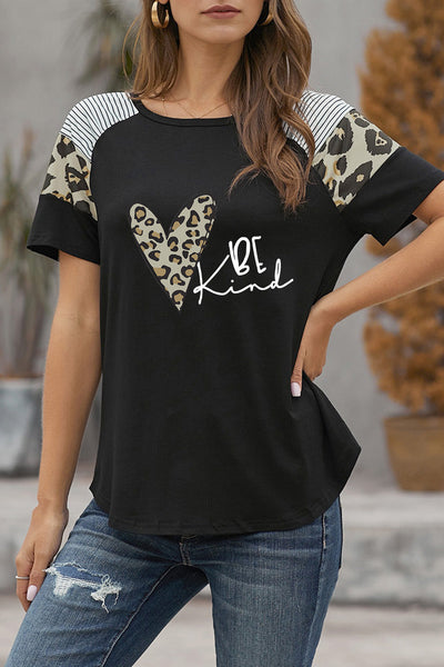 Striped Leopard Print Short Sleeve Women T-shirt