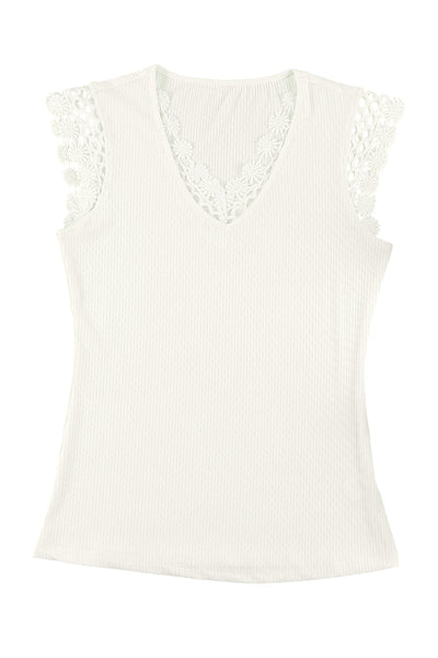 Lace Crochet Ribbed V Neck Tank Top