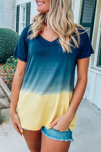 Gradient Color Block V Neck T Shirt