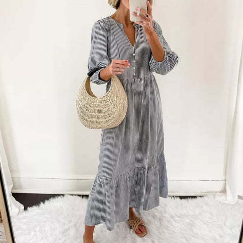 Basic Striped Print Long Sleeve Maxi Dress