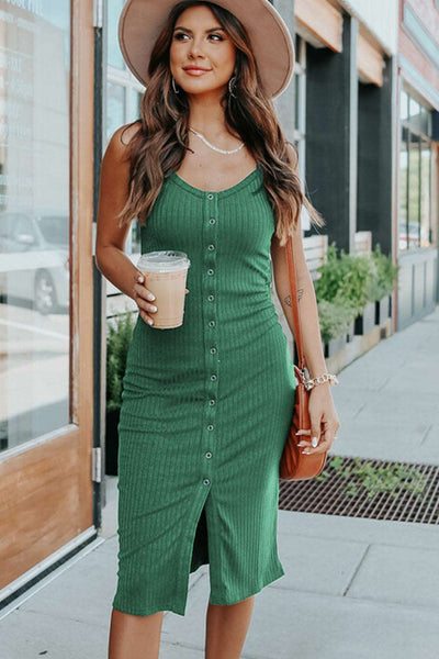 Buttoned Ribbed Sleeveless Bodycon Midi Dress