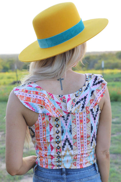 Western Aztec Print Ruffled Sleeveless Bodysuit