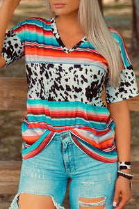 Western Serape Cow Color Block V Neck Top