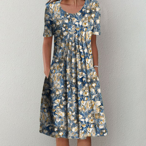 Chic Floral Print Short Sleeve Midi  Dress